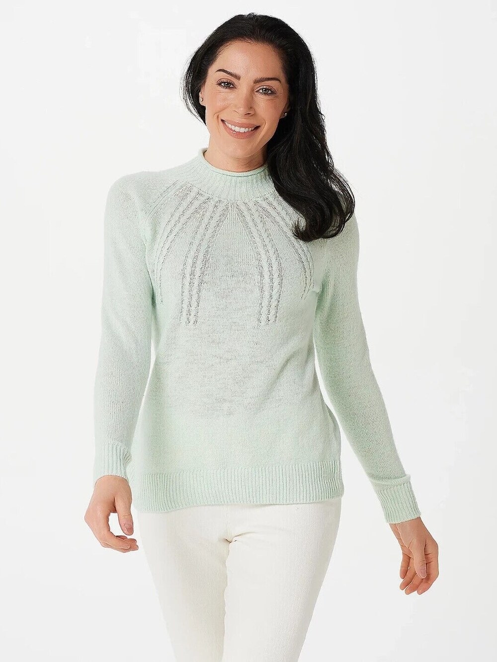 Denim & Co. Long Sleeve Mock Neck Cable Knit Sweater True Seafood Women's Medium